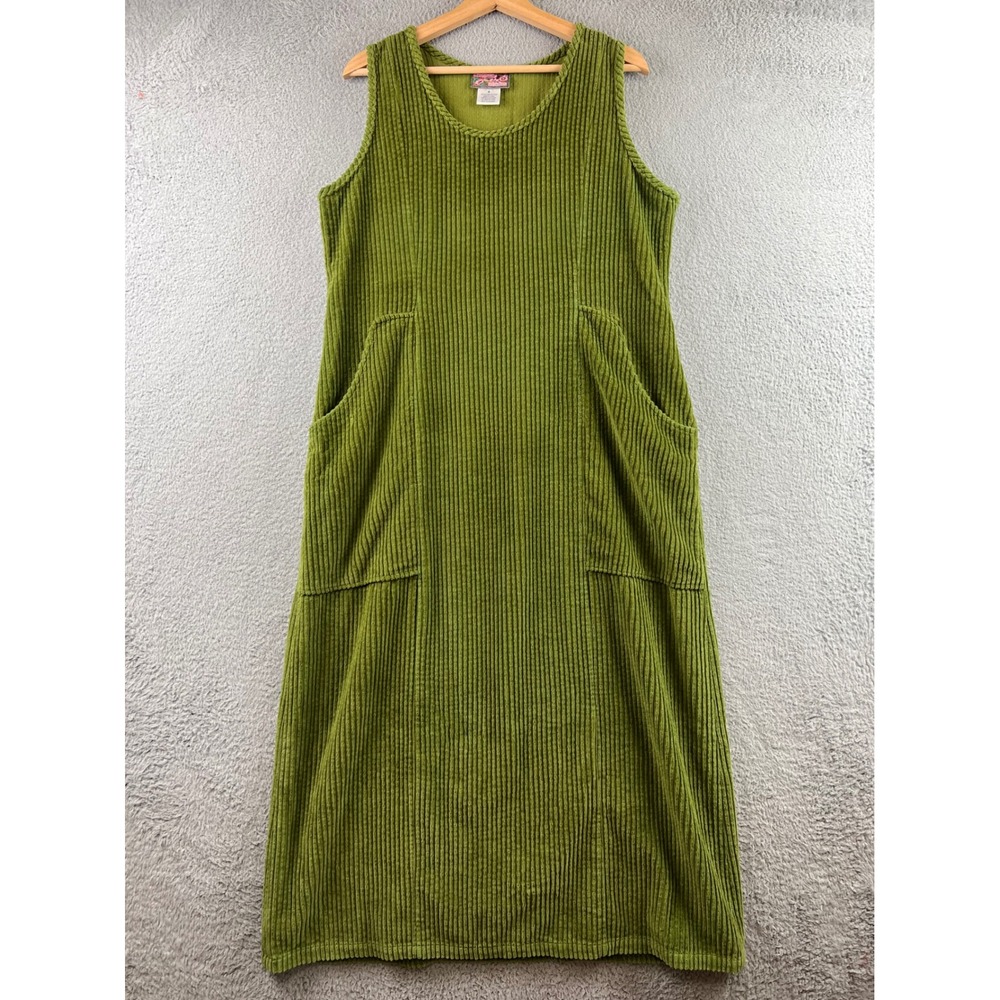 vintage April Cornell Green Corduroy Sleeveless Jumper Dress Pockets Cotton M